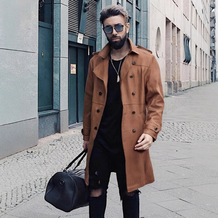 Herren Elegante Suede Trenchcoat mit doppelter Knopfleiste und praktischen Taschen Aliams