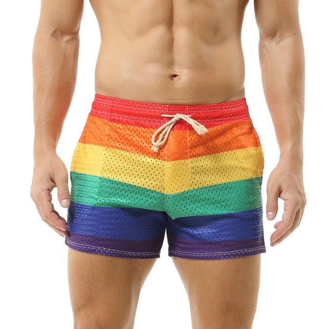 Herren Badeshorts mit atmungsaktivem Netzmaterial und buntem Regenbogenmuster Aliams