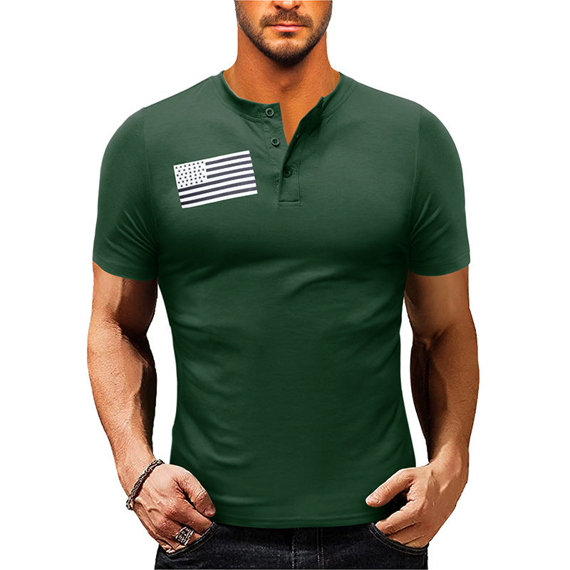 Herren Kurzarm-Henley-Shirt mit modischem Flaggenaufdruck Aliams