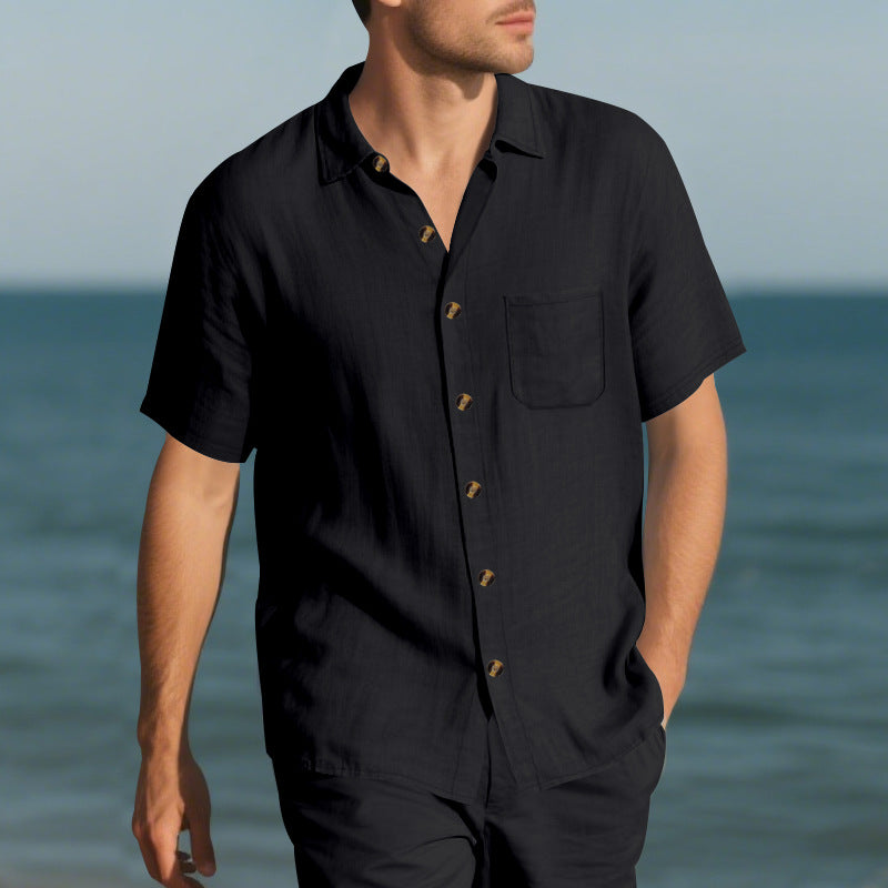 Herren Kurzarm-Leinenhemd mit klassischem Schnitt und Holzknöpfen Aliams
