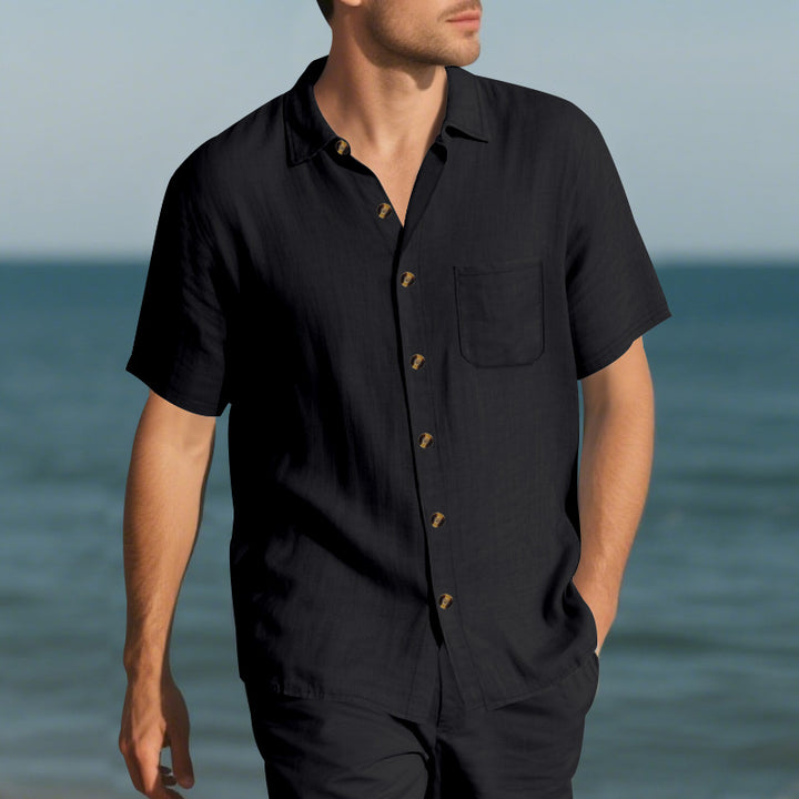 Herren Kurzarm-Leinenhemd mit klassischem Schnitt und Holzknöpfen Aliams