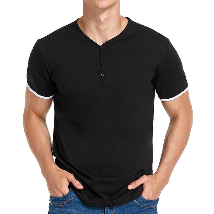 Herren Kurzarm Henley-T-Shirt mit modischem Stehkragen und detailreicher Knopfleiste Aliams