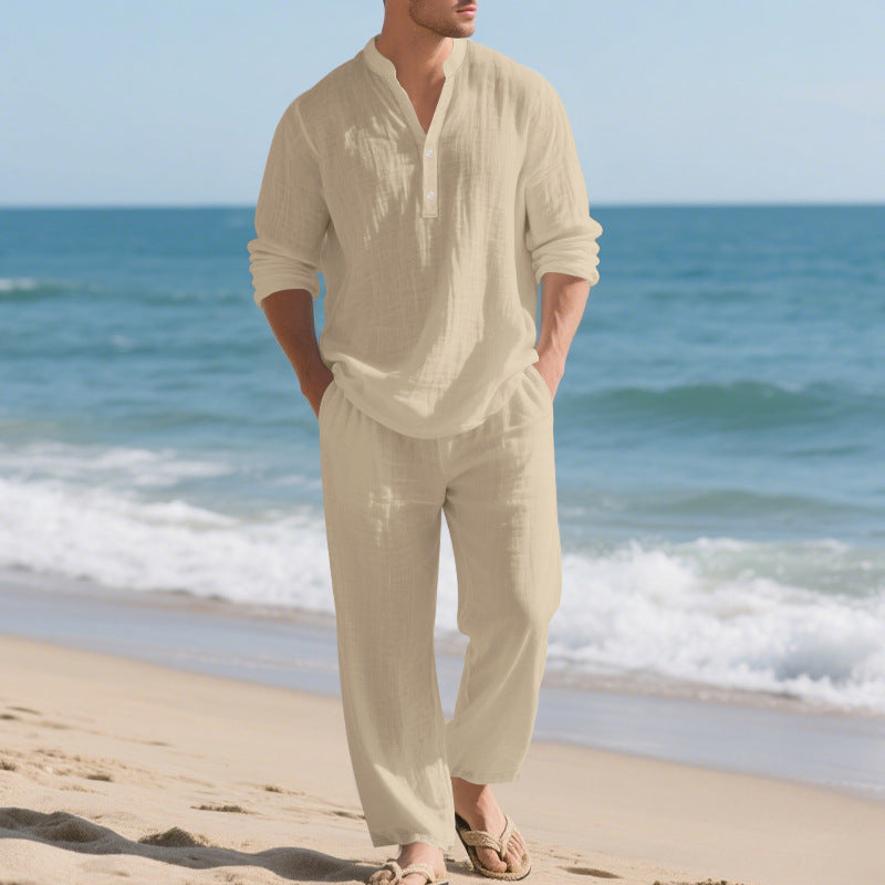 Herren entspannendes Langarm-Hemd & Freizeithose Set Aliams