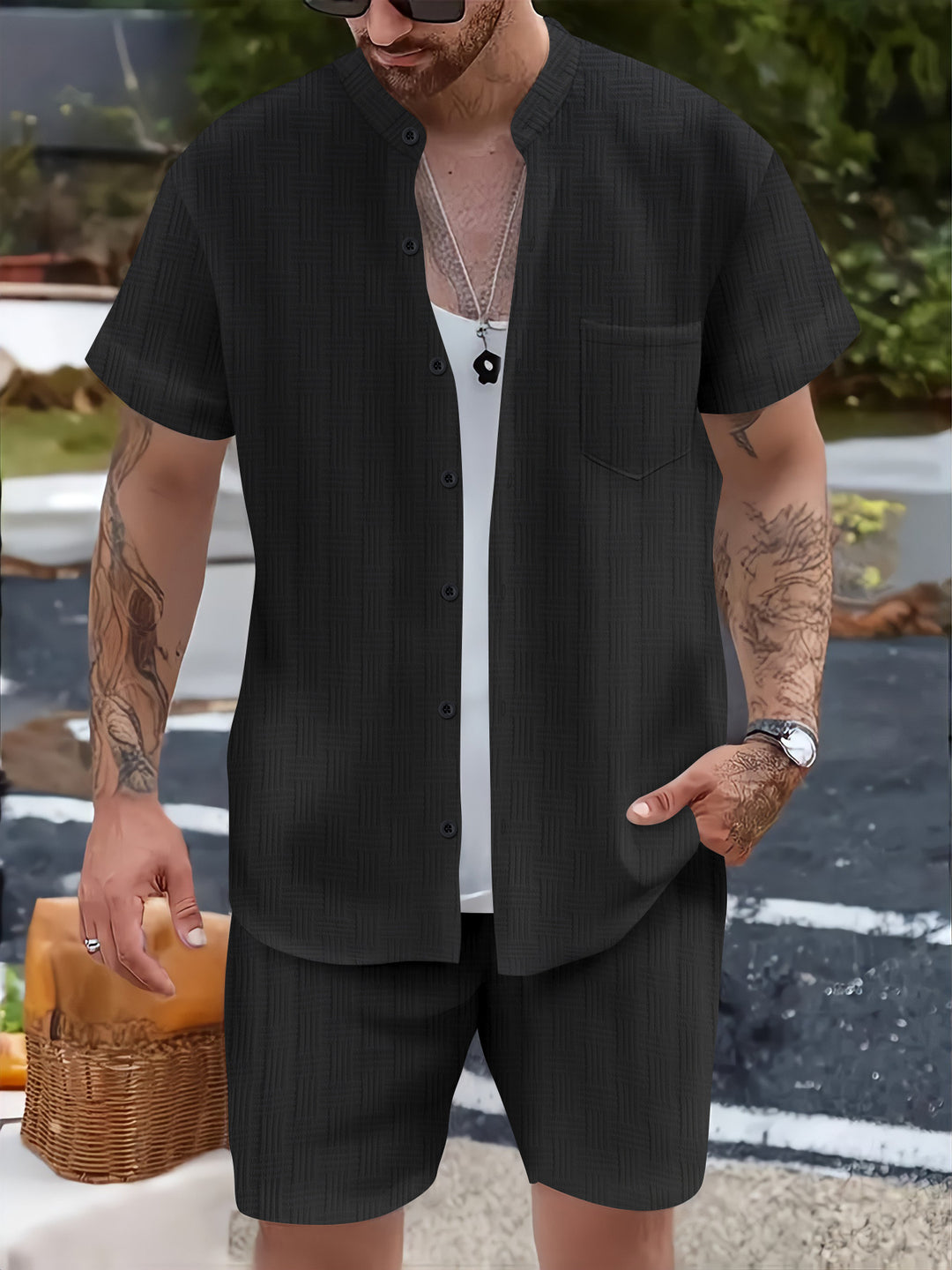 Herren Sommer Kurzarm-Anzug mit leicht strukturierter Oberfläche und praktischen Taschen Aliams