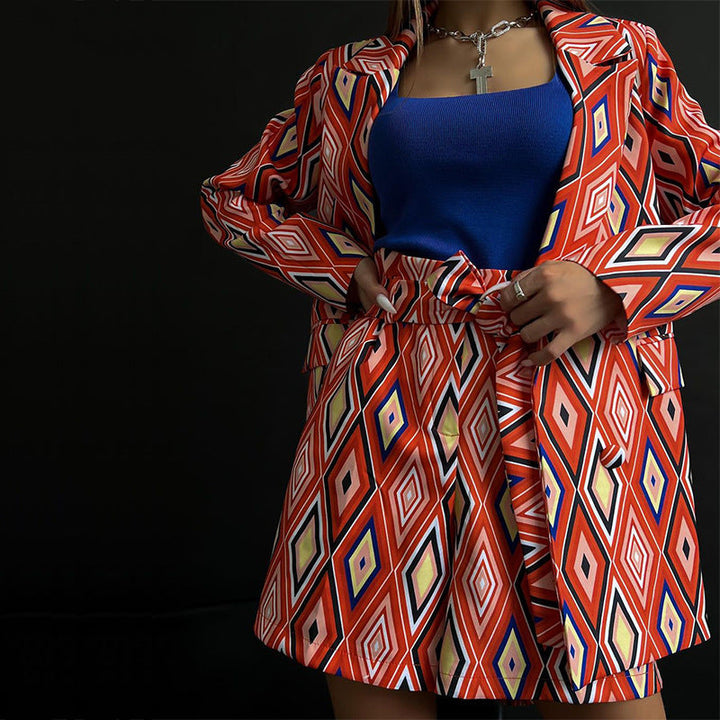 Damen Blazer und Shorts Set mit geometrischem Muster und taillierbarem Gürtel Aliams