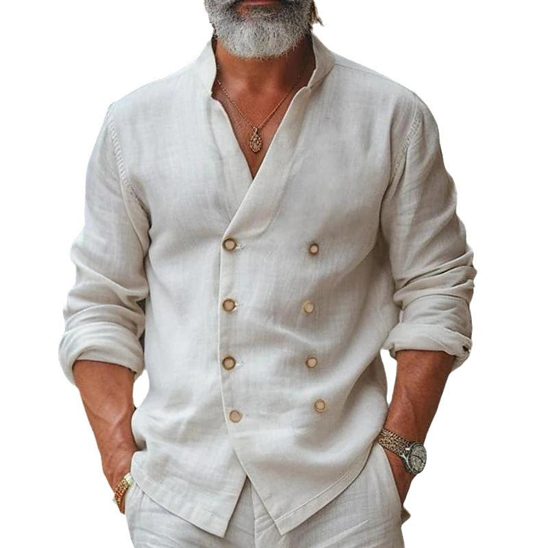 Herren elegantes Leinenhemd mit doppelter Knopfleiste Aliams