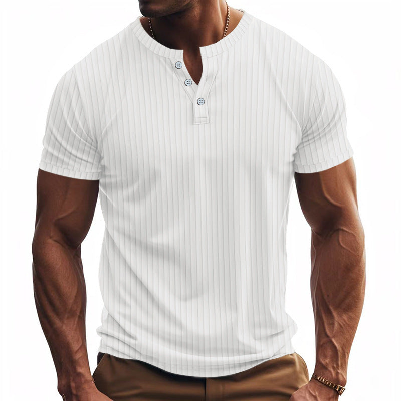 Herren Kurzarm-Henley-Shirt mit strukturiertem Streifenmuster und modischen Knöpfen Aliams