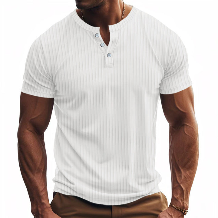 Herren Kurzarm-Henley-Shirt mit strukturiertem Streifenmuster und modischen Knöpfen Aliams