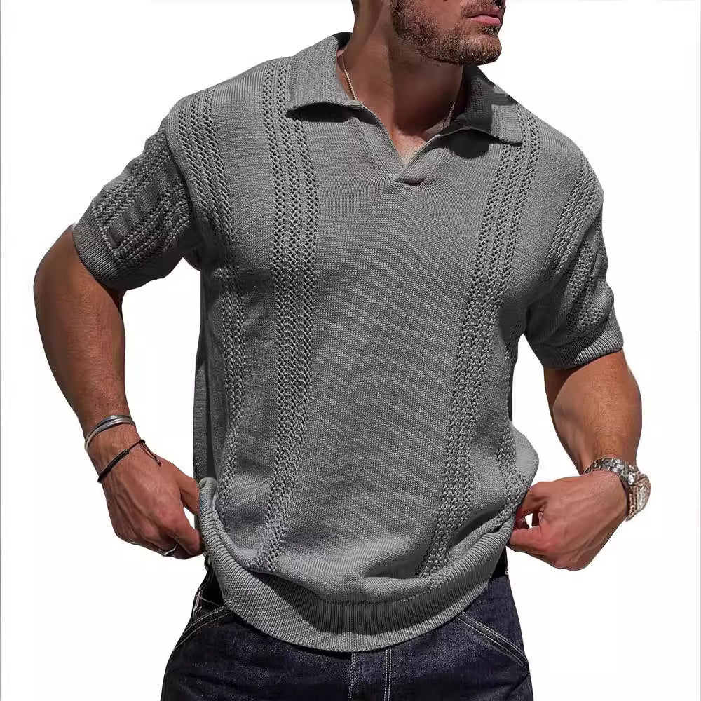 Herren Kurzarm Strickpullover mit strukturierter Oberfläche und Polokragen Aliams