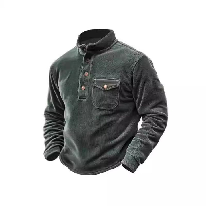 Herren Warmhaltendes Kord-Pullover mit Knopfleiste und Brusttasche Aliams