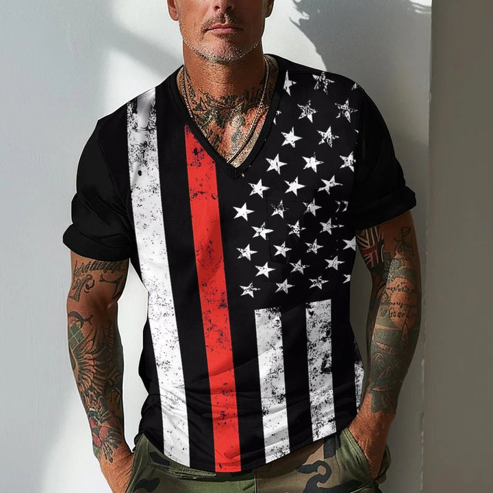 Herren V-Ausschnitt T-Shirt mit einzigartigem Flaggenmotiv Aliams