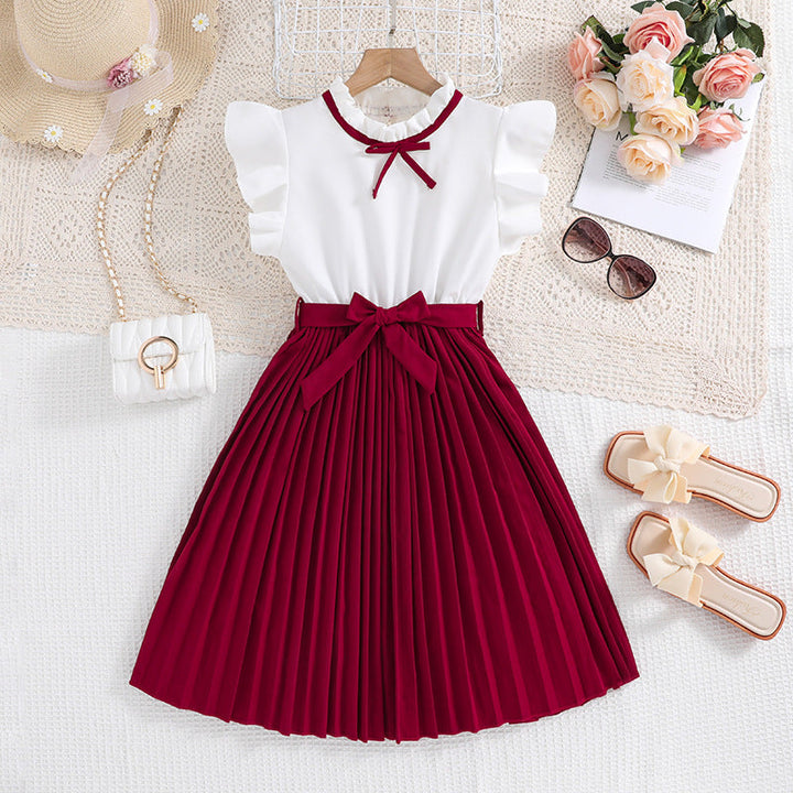 Mädchen Faltenrockkleid mit Puffärmeln und Taillenknoten Aliams