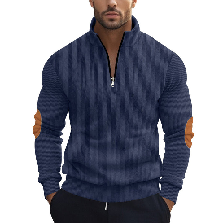 Herren Strickpullover mit modernem Reißverschluss und eleganten Ellbogenpatches Aliams