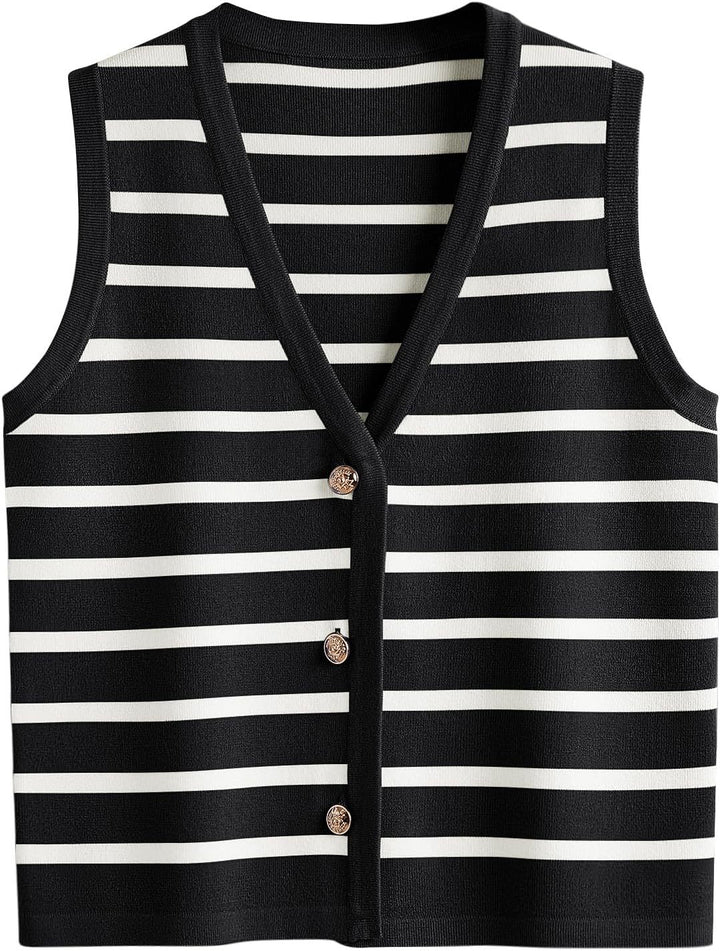 Damen ärmellose Strickweste mit V-Ausschnitt und dekorativen Knöpfen Aliams