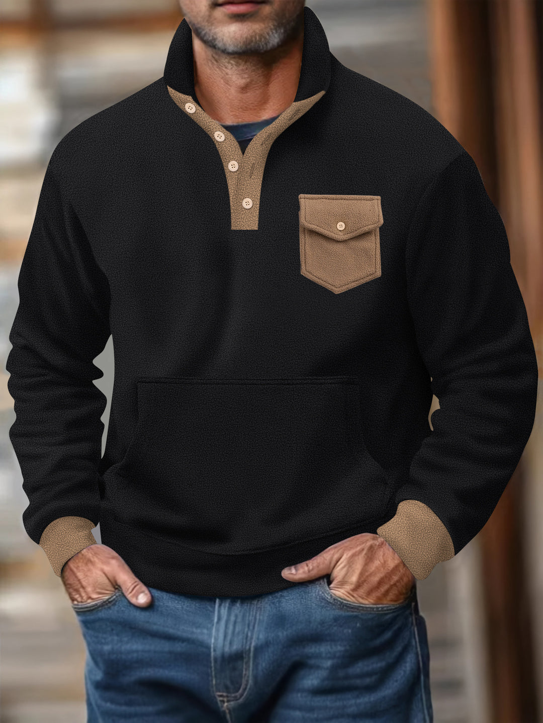 Herren Kapuzenpullover mit modernem Kragen und praktischer Tasche Aliams