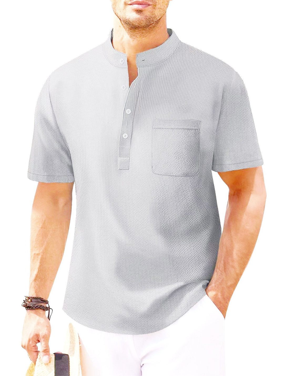 Herren Kurzarm-Henley-Shirt mit strukturiertem Design und praktischer Brusttasche Aliams