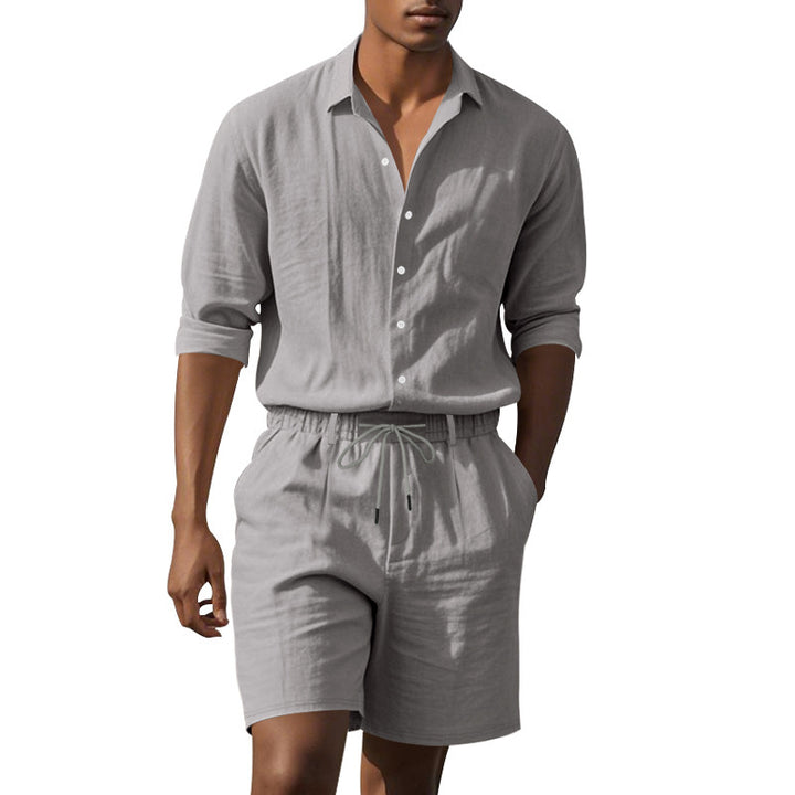 Herren Elegantes Langarmhemd und Shorts Set mit atmungsaktiven Materialien Aliams