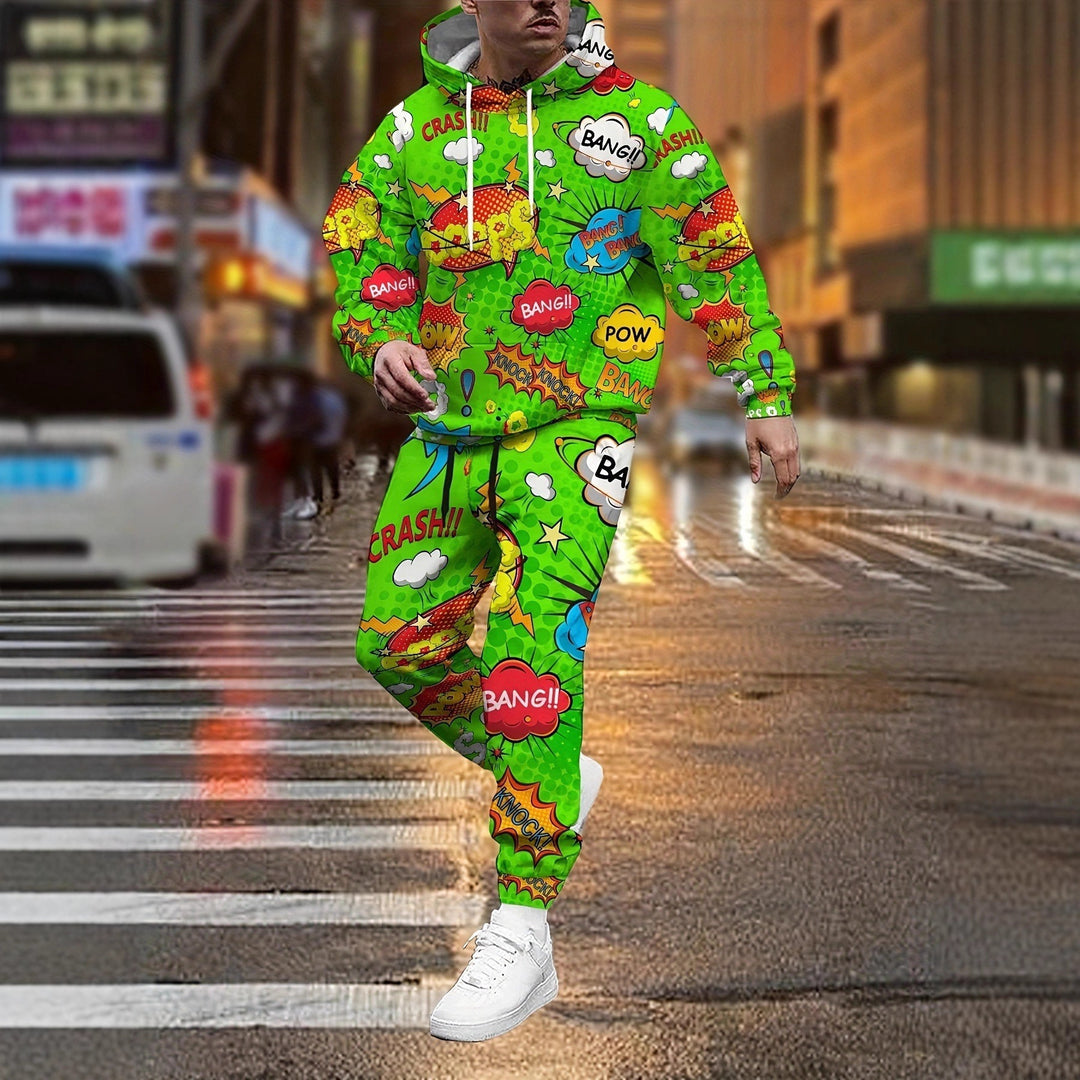 Herren Hoodie und Jogginghose im Comic-Stil mit buntem Druck Aliams