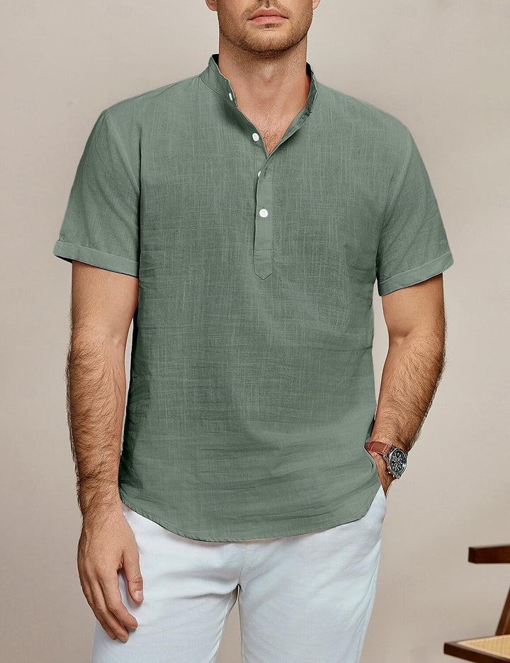 Herren Kurzarm Leinenhemd mit Stehkragen Aliams