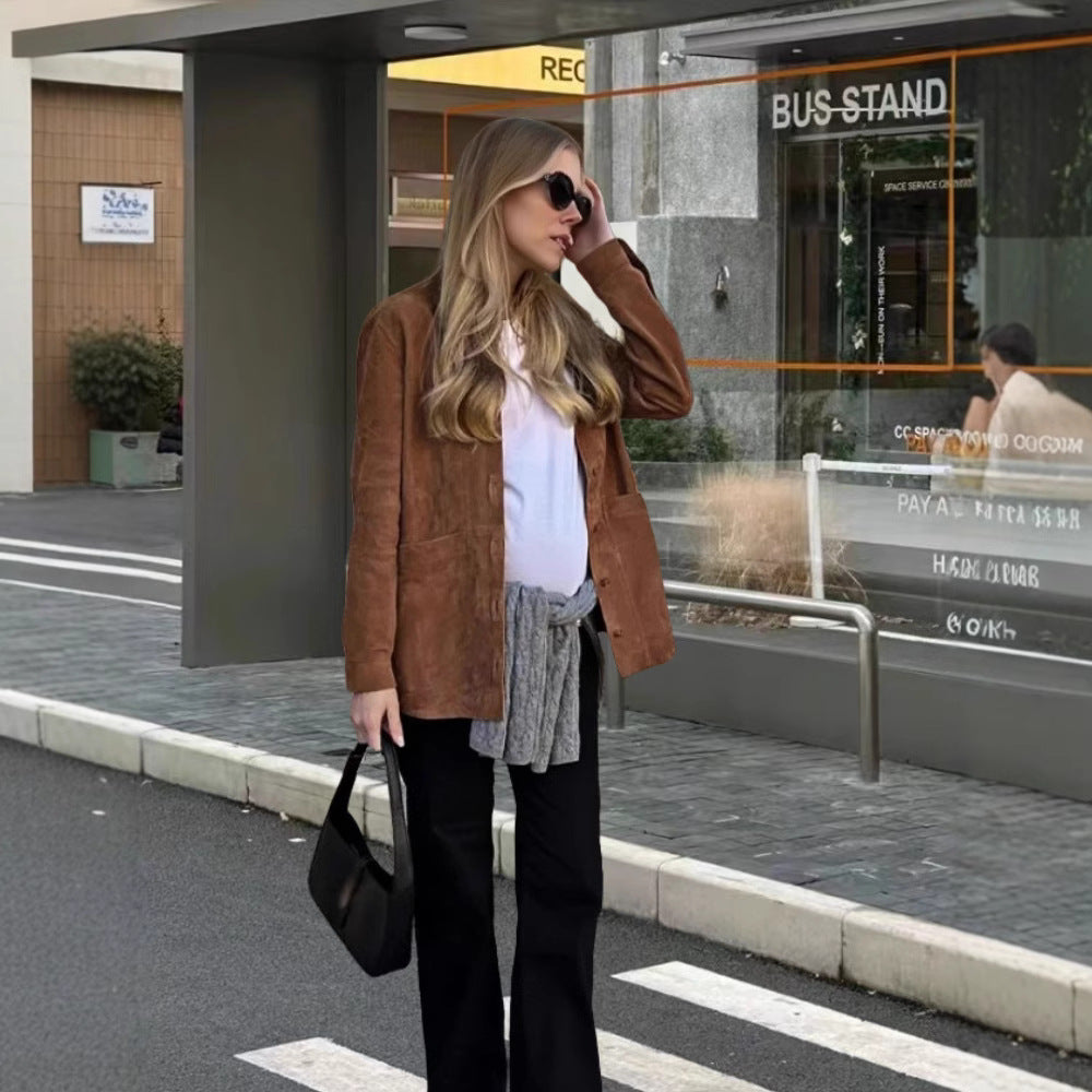 Damen Weiche Wildlederjacke mit Praktischen Aufgesetzten Taschen und Elegantem Schnitt Aliams