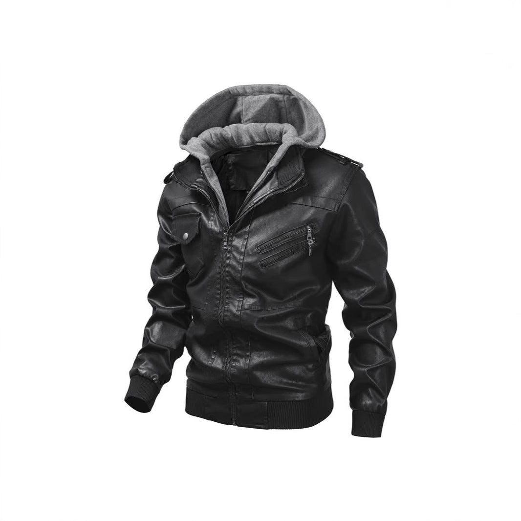 Herren Kunstlederjacke mit abnehmbarer Kapuze und Multifunktions-Taschen Aliams