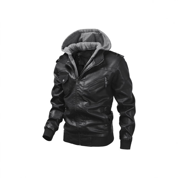 Herren Kunstlederjacke mit abnehmbarer Kapuze und Multifunktions-Taschen Aliams