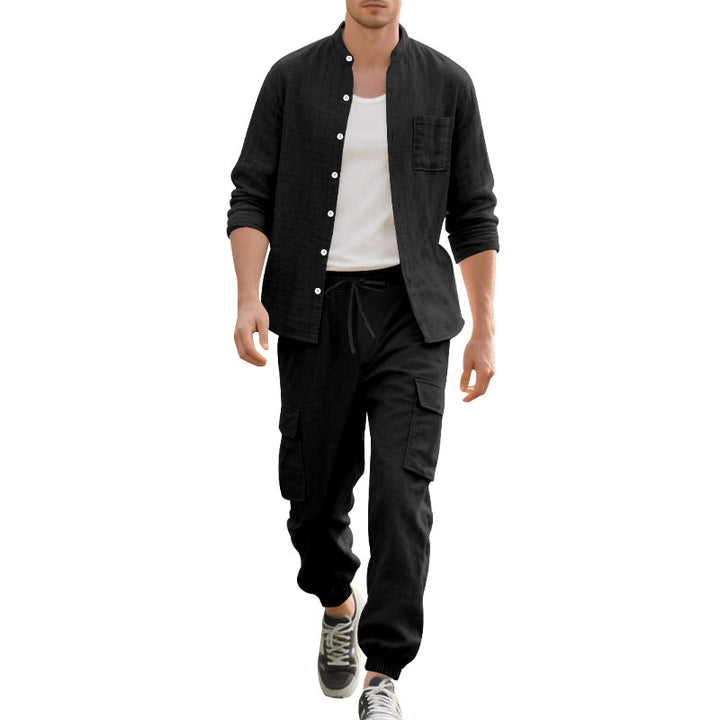 Herren bequeme Cargo-Bermudashorts und lässiges Langarmhemd Set Aliams