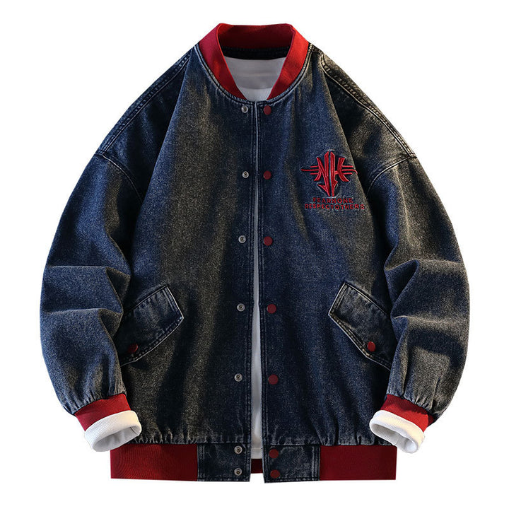 Herren sportliche Jeansjacke im College-Stil mit gesticktem Logo Aliams