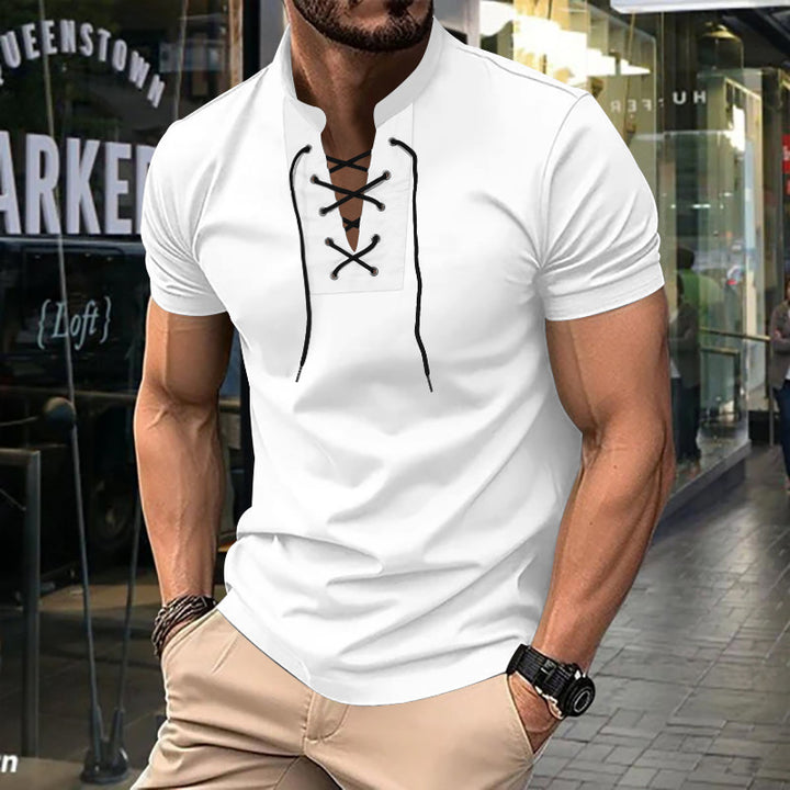 Herren Kurzarm-Henley-Shirt mit modernem Schnürdesign Aliams