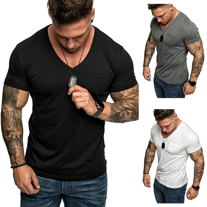 Herren V-Ausschnitt T-Shirt aus weicher Baumwolle mit Brusttasche Aliams