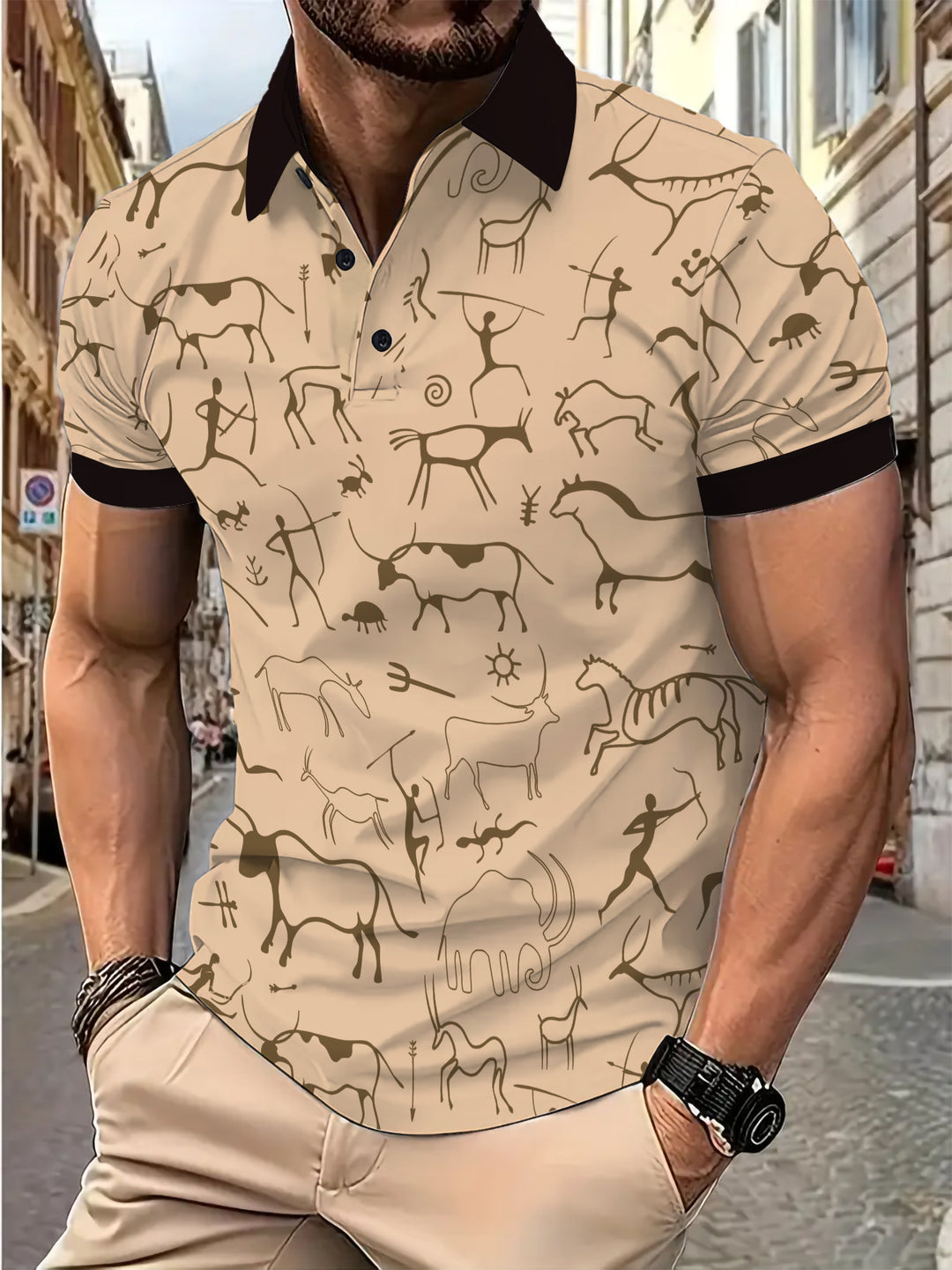 Herren Sportliches Polohemd mit einzigartigem Höhlenmalerei-Design Aliams