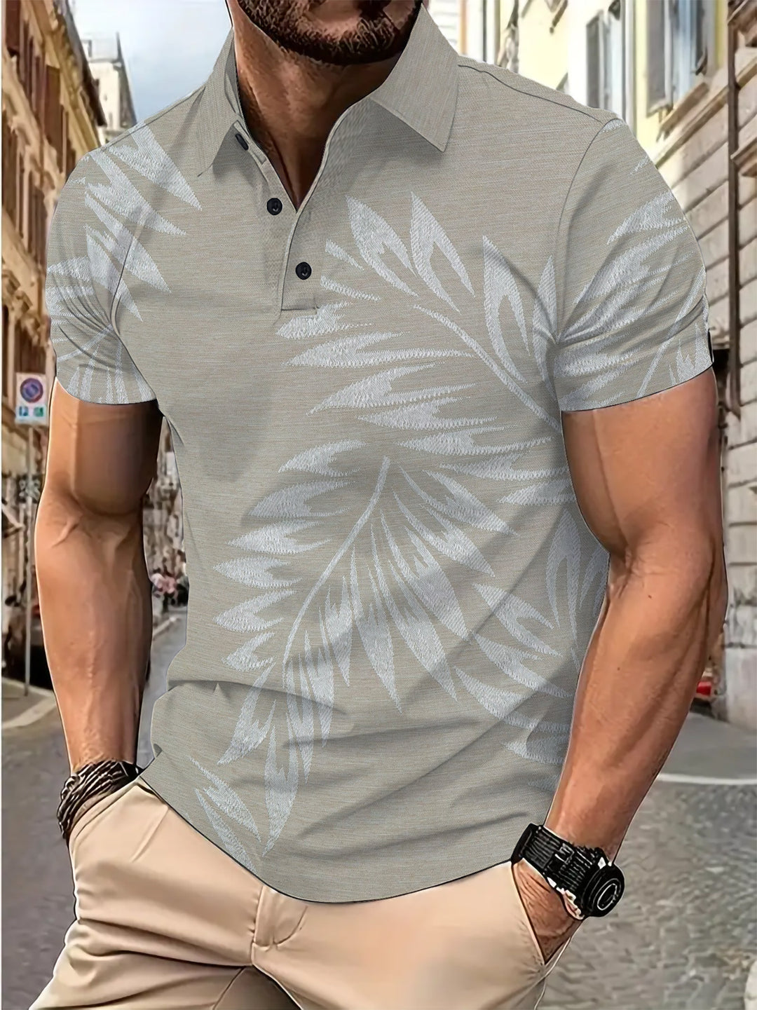 Herren Poloshirt mit tropischem Blattmuster und atmungsaktivem Stoff Aliams