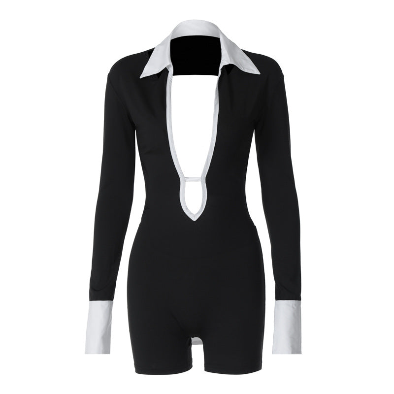 Damen Eleganter Jumpsuit mit tiefem Ausschnitt und kontrastierenden Ärmeln Aliams