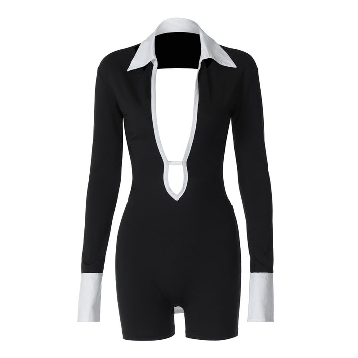 Damen Eleganter Jumpsuit mit tiefem Ausschnitt und kontrastierenden Ärmeln Aliams