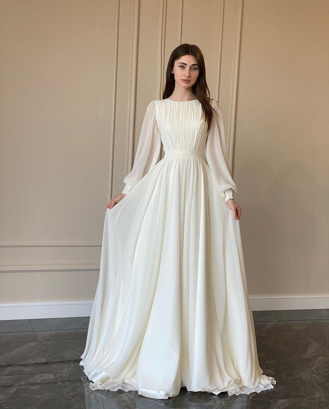 Aliams | Durchsichtiges Weißes Hochzeitskleid Rundhalsausschnitt Lange Ärmel Kleid