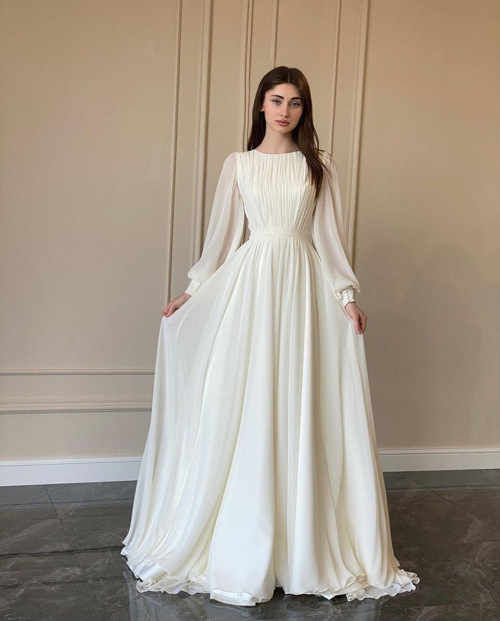Aliams | Durchsichtiges Weißes Hochzeitskleid Rundhalsausschnitt Lange Ärmel Kleid