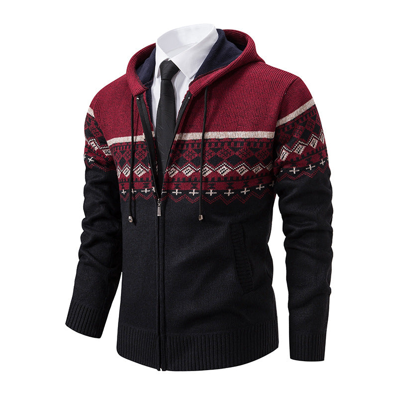 Herren stilvolle Strickjacke mit Kapuze und Norweger-Muster Aliams