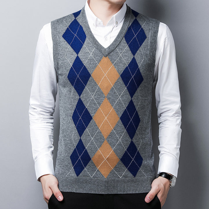 Herren klassischer V-Ausschnitt Strickpullover mit Rautenmuster Aliams