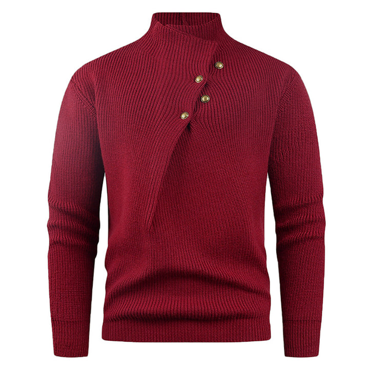Herren Strickpullover mit asymmetrischem Kragen und dekorativen Holzknöpfen Aliams
