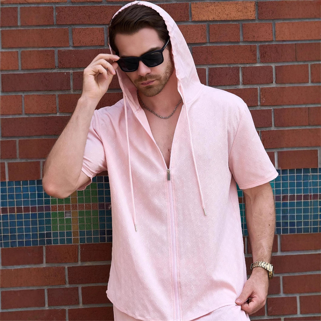 Herren Atmungsaktives Hoodie-Shirt mit kurzem Arm und durchgehendem Reißverschluss Aliams