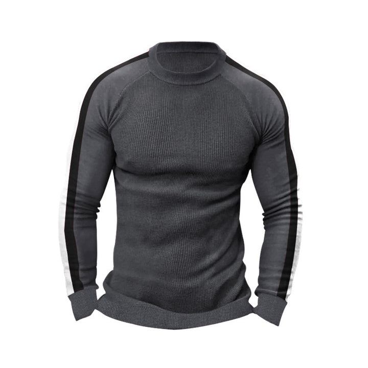 Herren sportlicher Strickpullover mit kontrastierenden Ärmeln und hohem Kragen Aliams