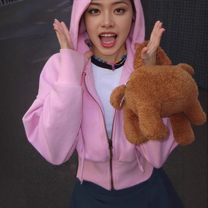 Damen Cropped Kapuzenjacke mit Reißverschluss und eleganten Details Aliams