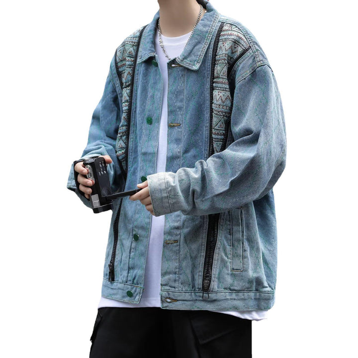 Herren Denim-Jacke mit buntem Ethno-Design und praktischen Reisverschlüssen Aliams