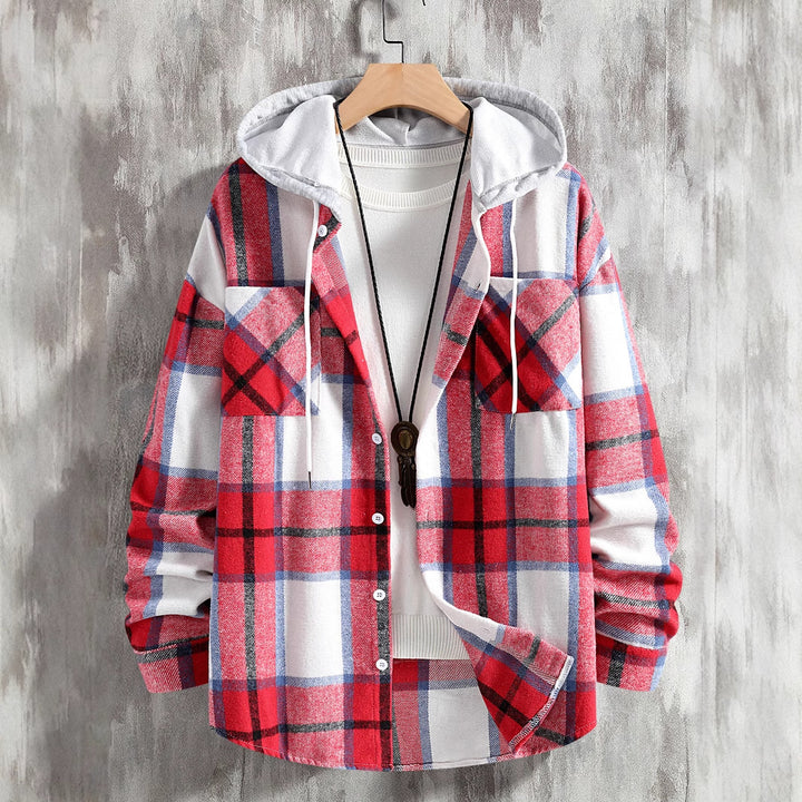 Herren Karierte Flanelljacke mit Hoodie und praktischen Taschen Aliams