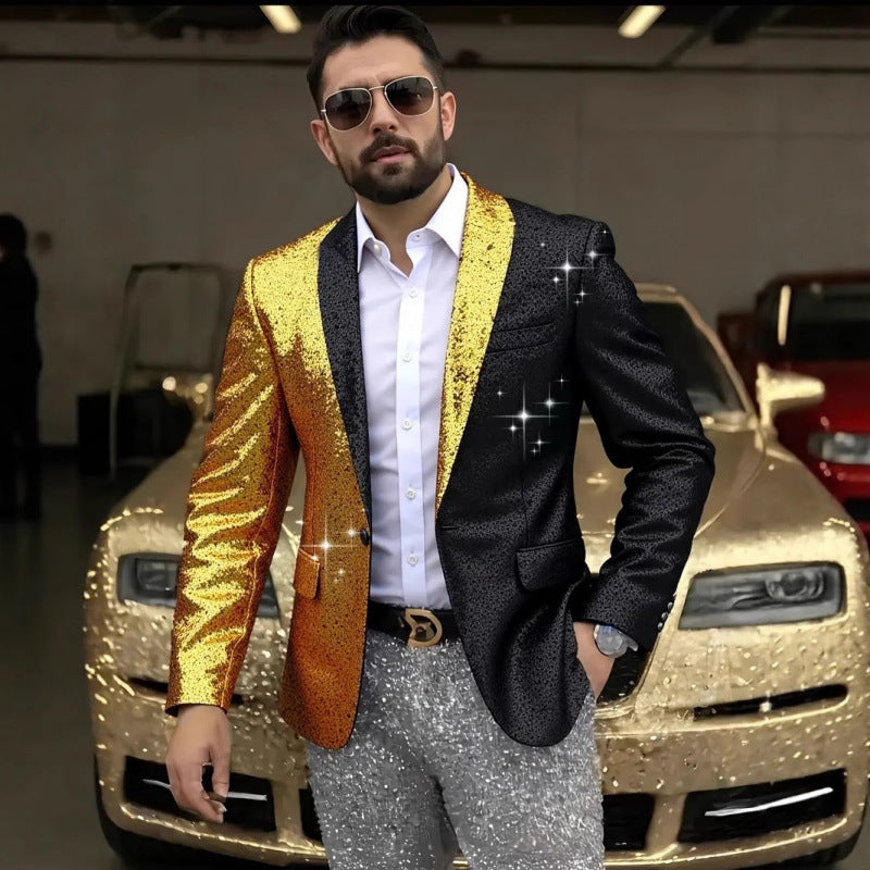 Herren Glänzender Pailletten-Blazer mit kontrastierenden Farben Aliams