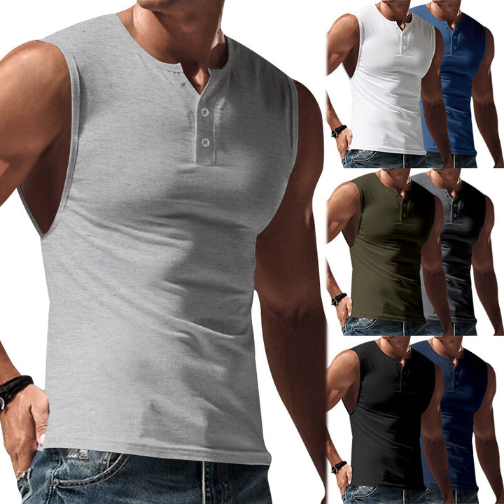 Herren ärmelloses Henley-T-Shirt aus weicher Baumwolle mit dekorativen Knöpfen Aliams
