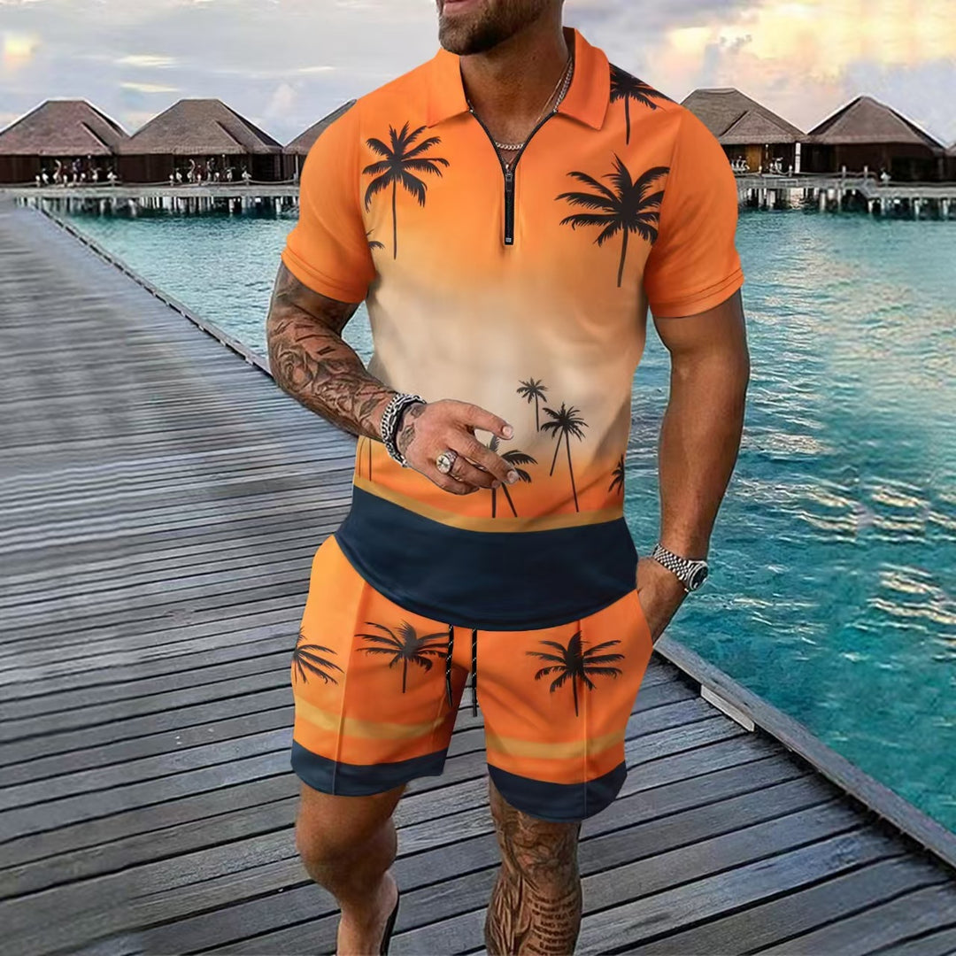 Herren Sportliches Kurzarm-Set mit einzigartigem Palmenmuster und Reißverschluss Aliams