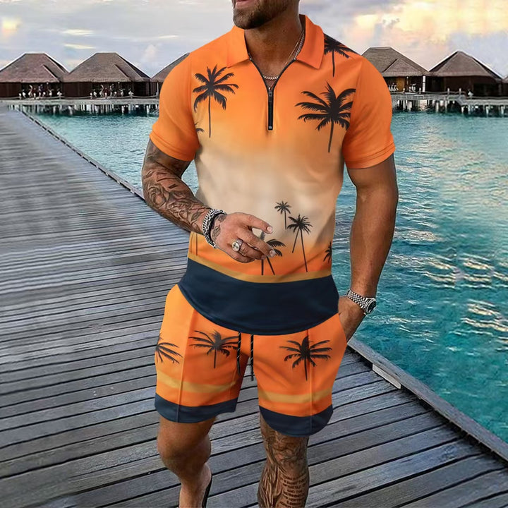 Herren Sportliches Kurzarm-Set mit einzigartigem Palmenmuster und Reißverschluss Aliams