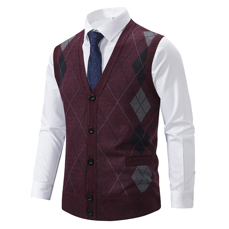 Herren elegante Strickjacke mit Rautenmuster und praktischen Taschen Aliams