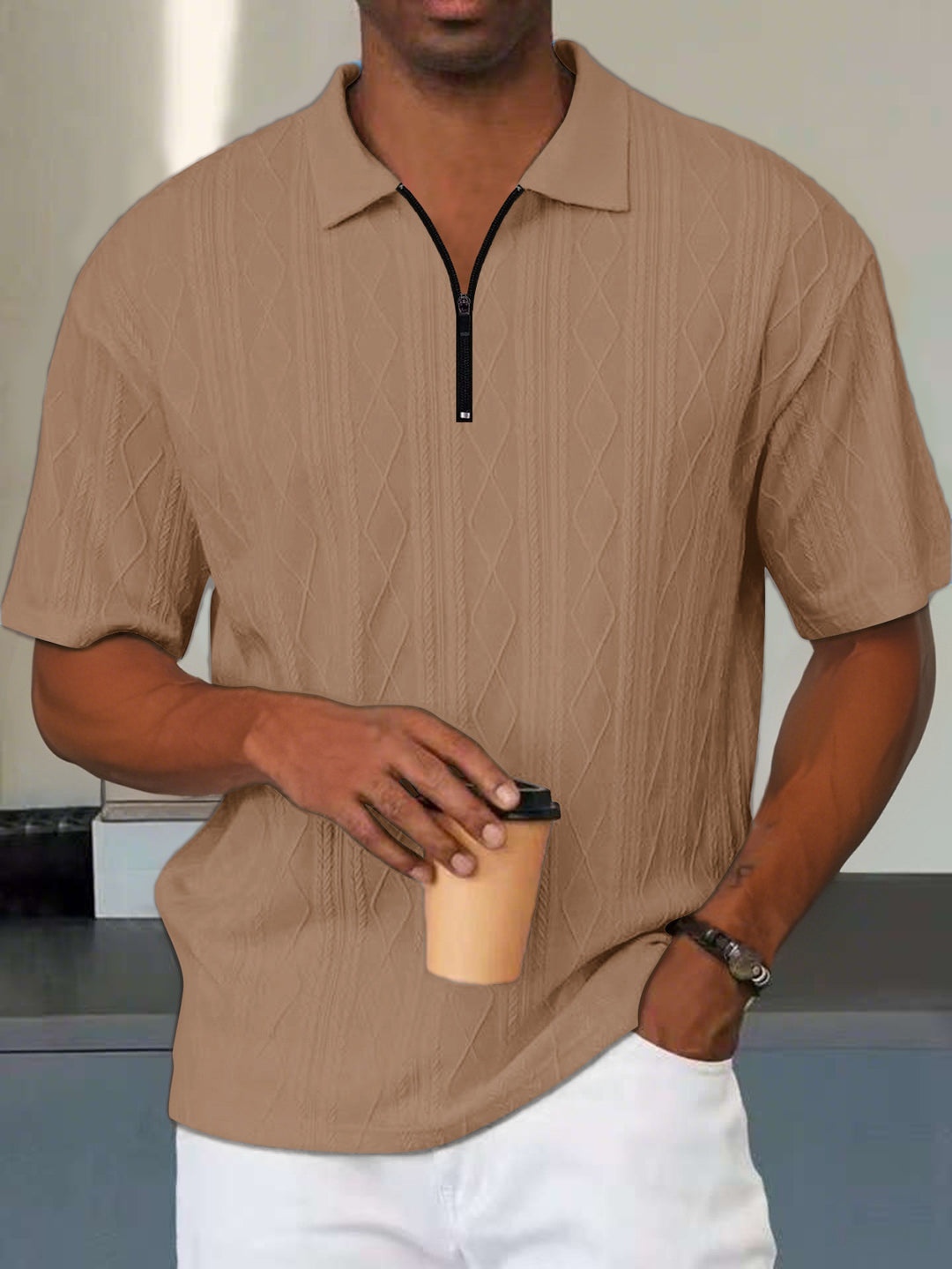 Herren Kurzarm-Polohemd mit modernem Strukturmuster und praktischen Reißverschluss Aliams